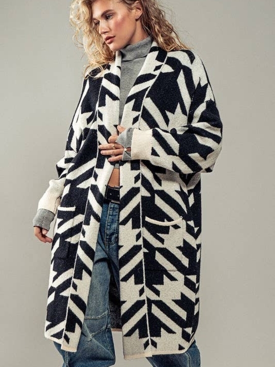 Do Everything With Love Sweaters - Do Everything With Love Black & White Geometric Women’s Cardigan Sweater